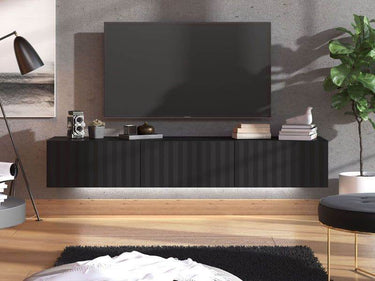 Como Black Slat Effect Wall Mounted Floating Wide Large TV Entertainment Unit - UK Luxury Furniture